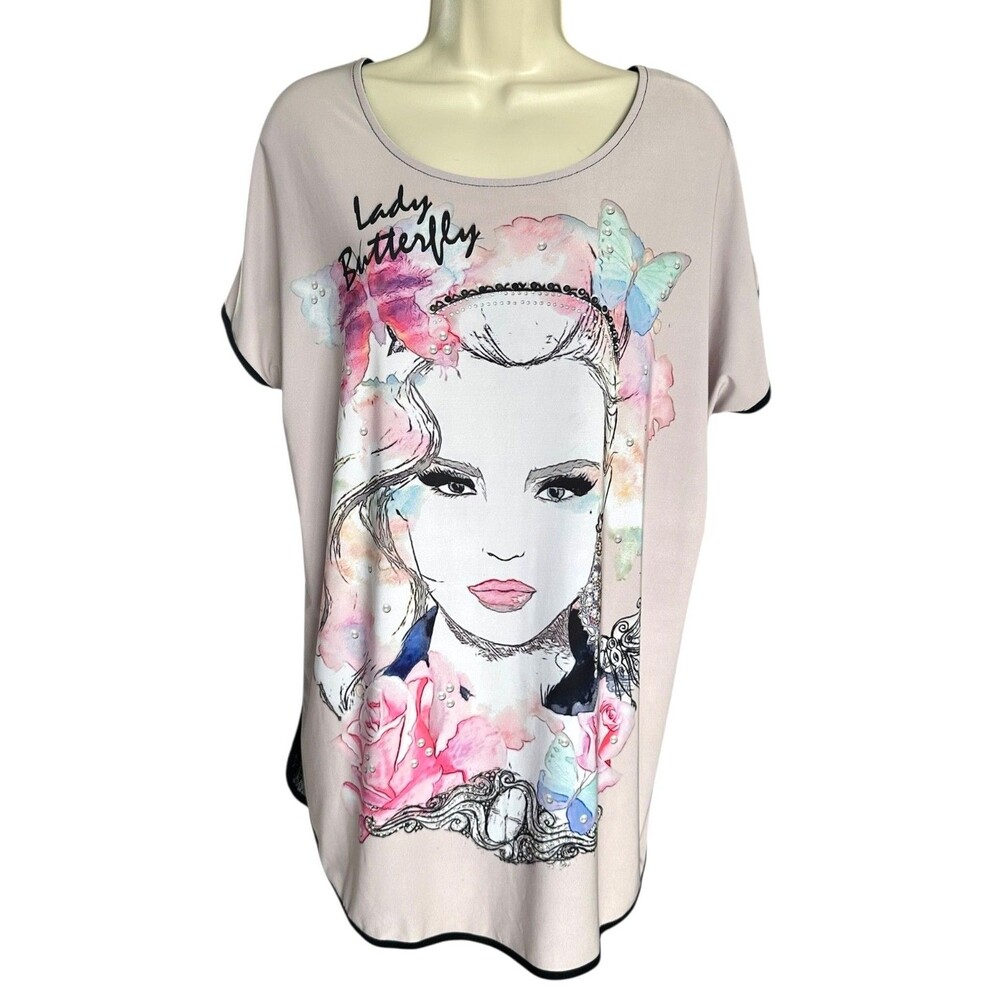 Lora Febian Women's 'Lady Butterfly' Graphic Tunic Embellished Mesh Back Size M